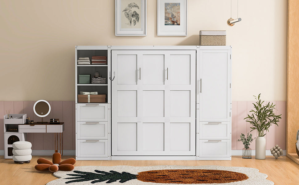 Queen Size Murphy Bed Wall Bed with Closet ,Drawers and Shelves,White(OLD SKU :LP000865AAK)