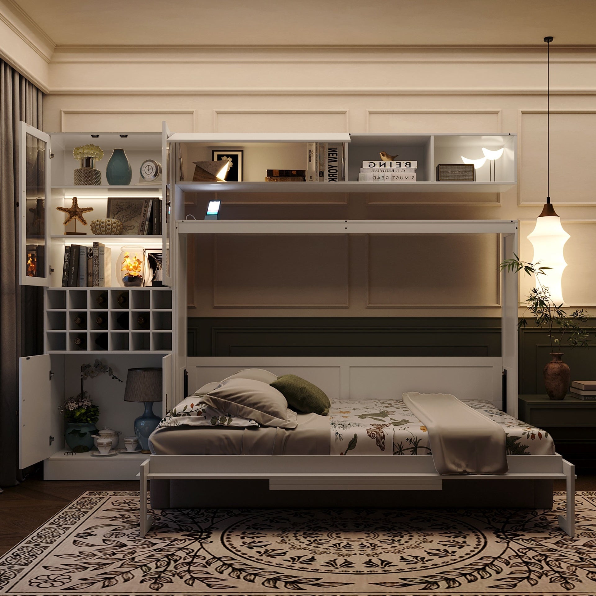Full Size Murphy Bed Wall Bed with Sofa , Shelves USB & Light ,White