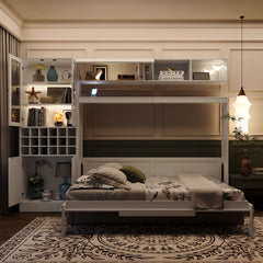 Full Size Murphy Bed Wall Bed with Sofa , Shelves USB & Light ,White