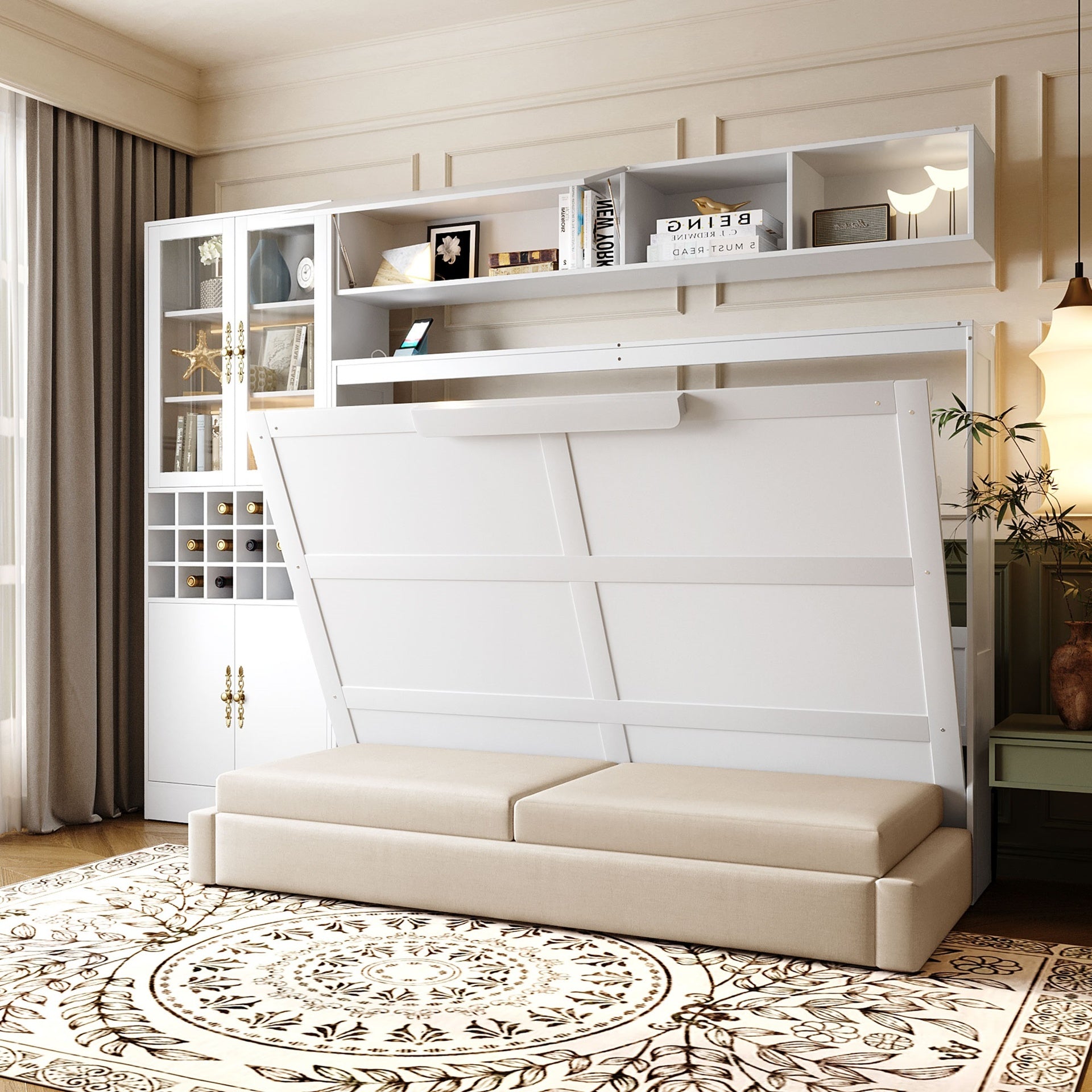 Full Size Murphy Bed Wall Bed with Sofa , Shelves USB & Light ,White