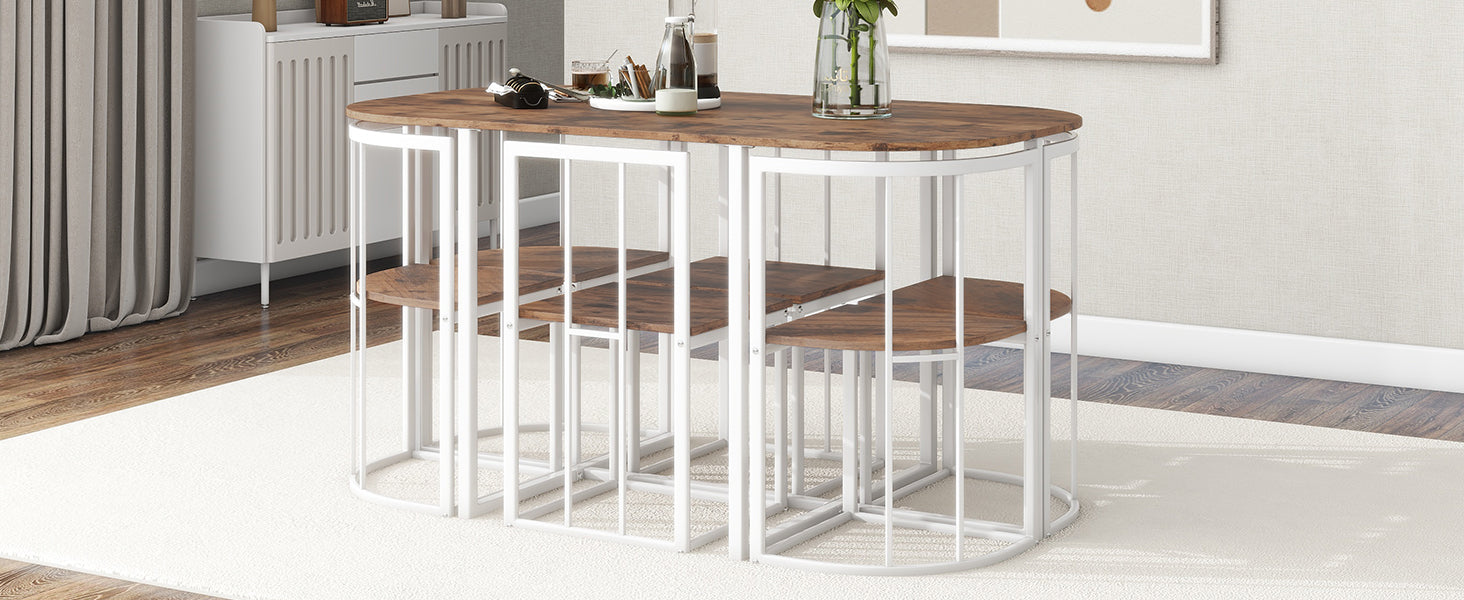 TOPMAX Modern 7-Piece Dining Table Set with Faux Marble Compact 55Inch Kitchen Table Set for 6, White+Cherry(OLD SKU:SP000017)