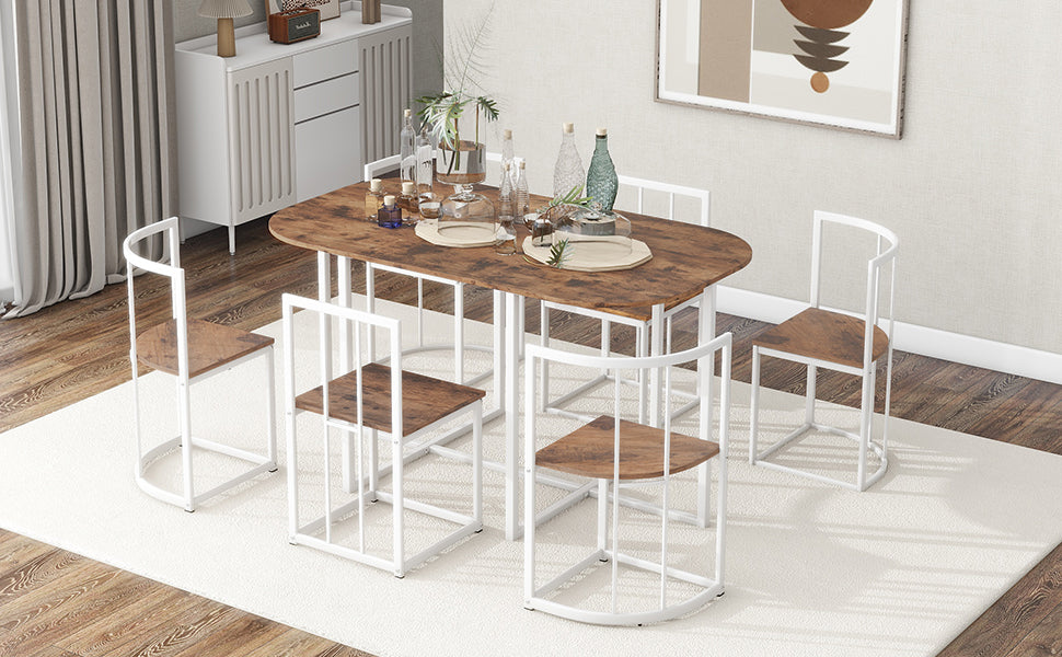 TOPMAX Modern 7-Piece Dining Table Set with Faux Marble Compact 55Inch Kitchen Table Set for 6, White+Cherry(OLD SKU:SP000017)
