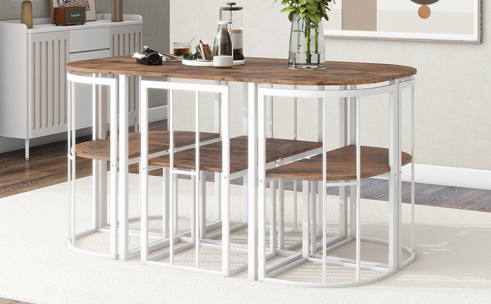 TOPMAX Modern 7-Piece Dining Table Set with Faux Marble Compact 55Inch Kitchen Table Set for 6, White+Cherry(OLD SKU:SP000017)