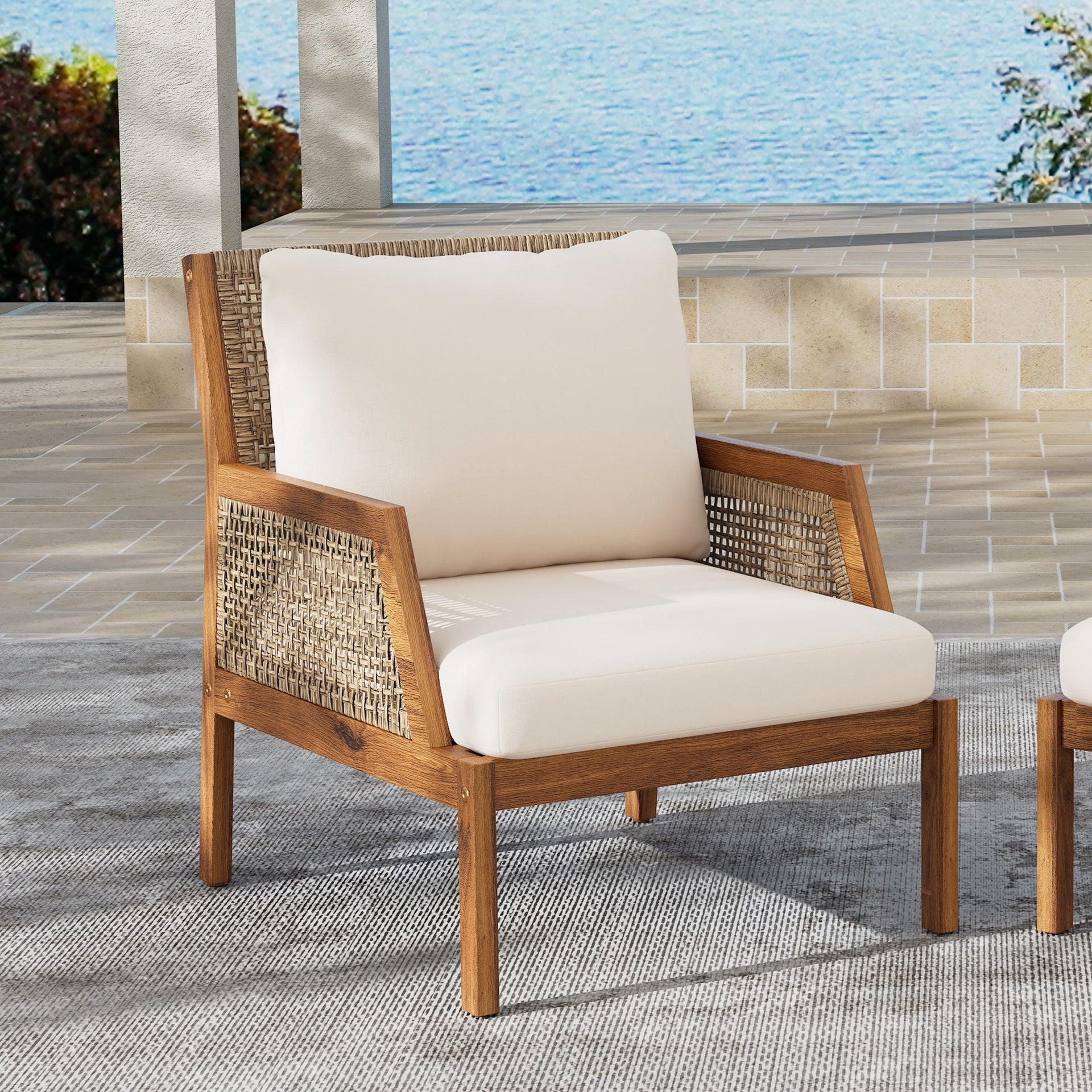 Acacia Wood Patio Furniture Club Chair, Outdoor Wicker Armchair, Deep Seating with Soft Cushions for Porch, Garden, Backyard, Balcony, Teak & Mix Brown & Cream
