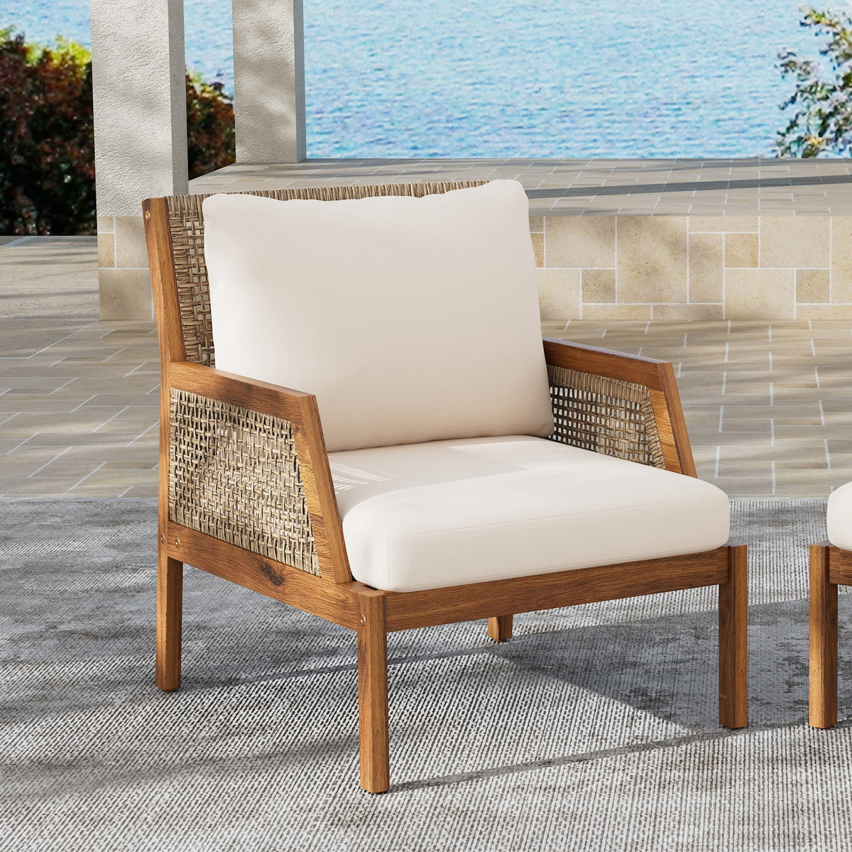 Acacia Wood Patio Furniture Club Chair, Outdoor Wicker Armchair, Deep Seating with Soft Cushions for Porch, Garden, Backyard, Balcony, Teak & Mix Brown & Cream