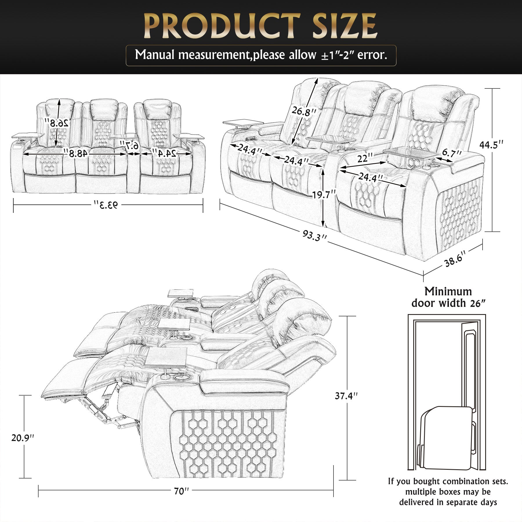 93.3"Power Recliner 3 PC Made WithTop-Grain Nappa,Fully Adjustable Relaxation,Smart Charging,Dynamic RGB LED Lighting,BLACK
