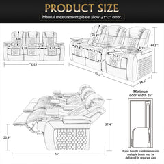 93.3"Power Recliner 3 PC Made WithTop-Grain Nappa,Fully Adjustable Relaxation,Smart Charging,Dynamic RGB LED Lighting,BLACK