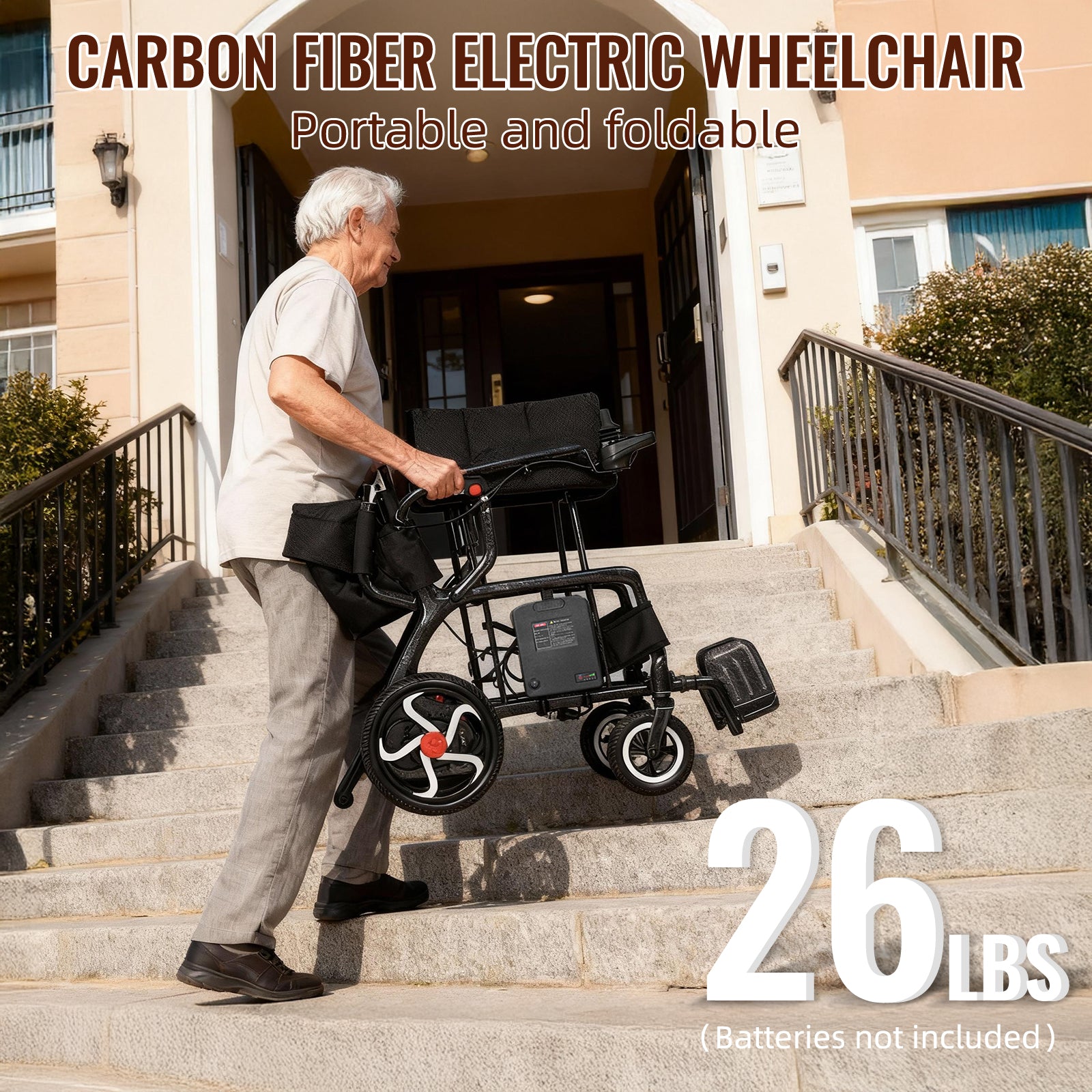 𝟐𝟔𝐏𝐨𝐮𝐧𝐝𝐬 𝐂𝐚𝐫𝐛𝐨𝐧 𝐅𝐢𝐛𝐞𝐫 Electric Wheelchairs for Adults,𝐔𝐥𝐭𝐫𝐚𝐥𝐢𝐠𝐡𝐭 𝐅𝐨𝐥𝐝𝐚𝐛𝐥𝐞 All Terrain Power Wheelchair,300W Dual Motors Support 250 LBS,Airline Approved for Travel
