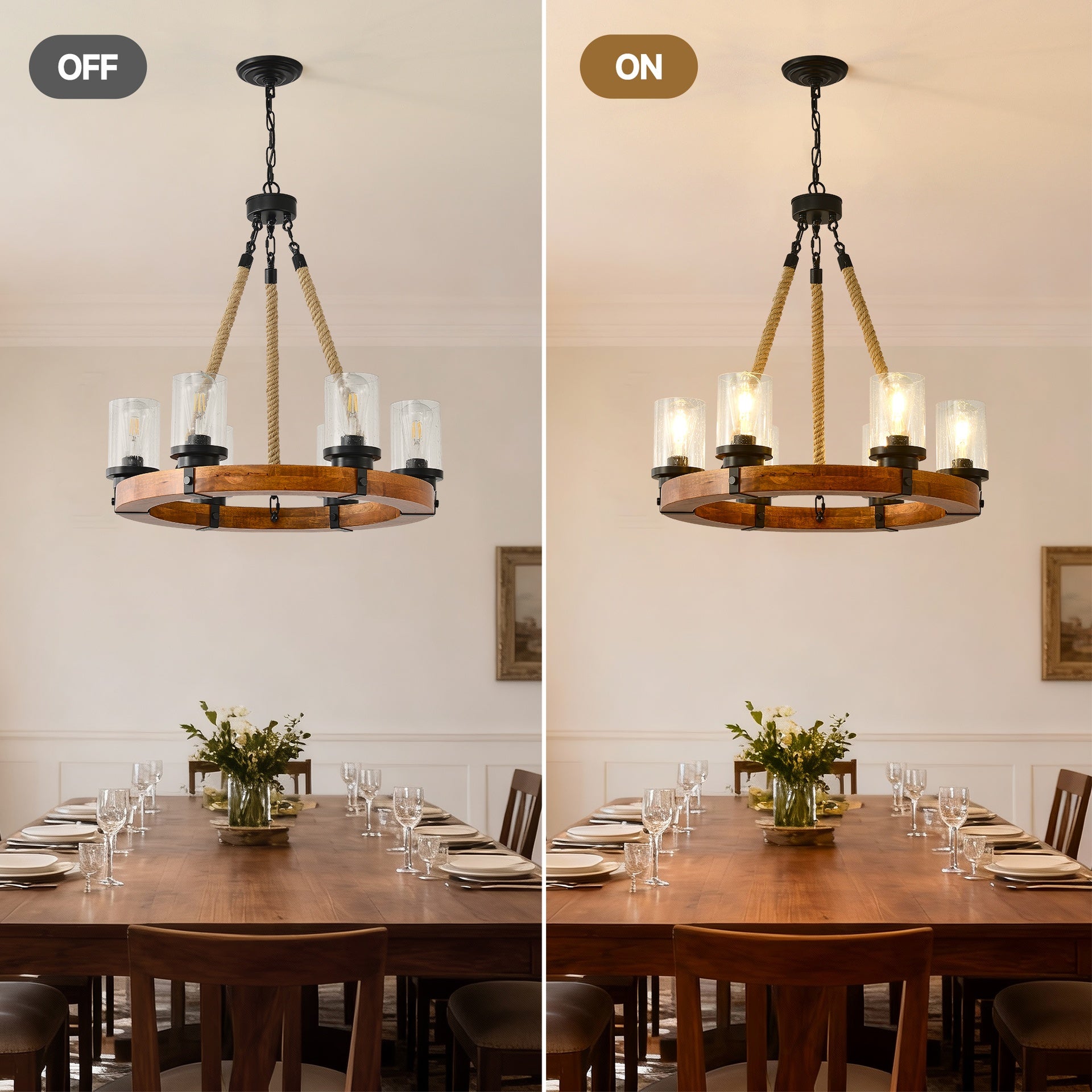 23.62 INCH Round Wood Pendant Light with Seeded  Glass Shade, Rustic 6-Light Wagon Wheel Chandelier,Farmhouse Chandeliers for Dining Room Kitchen Island Foyer Entryway (8 Light)--NO INCLUDED BULBS
