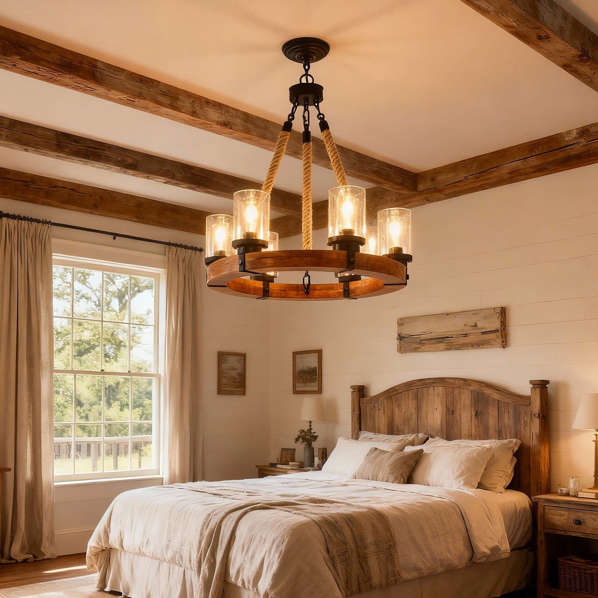 23.62 INCH Round Wood Pendant Light with Seeded  Glass Shade, Rustic 6-Light Wagon Wheel Chandelier,Farmhouse Chandeliers for Dining Room Kitchen Island Foyer Entryway (8 Light)--NO INCLUDED BULBS