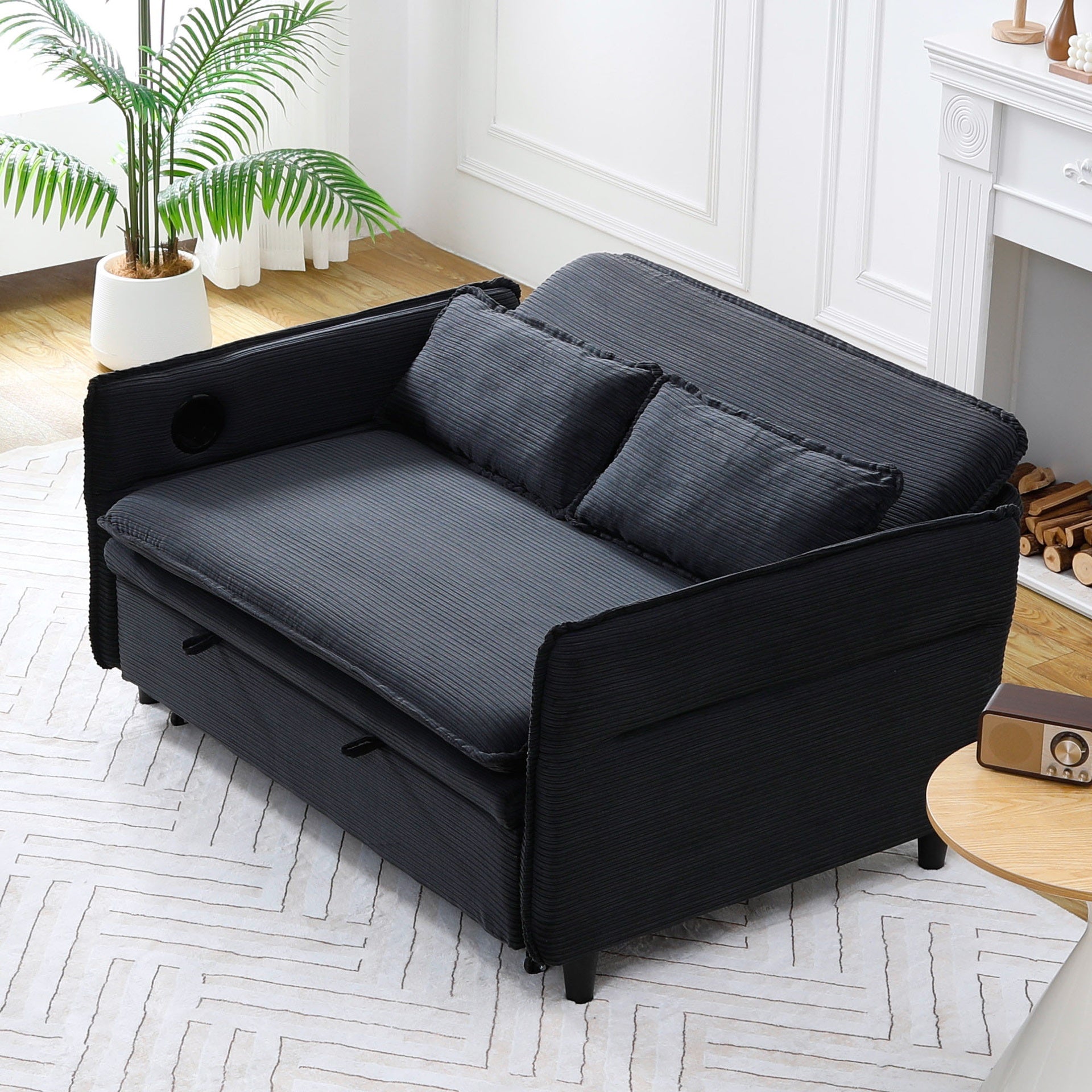 65.74-inch black letter striped fabric multi-functional sofa bed, suitable for bedrooms and living rooms. The armrests and backrests are adjustable.