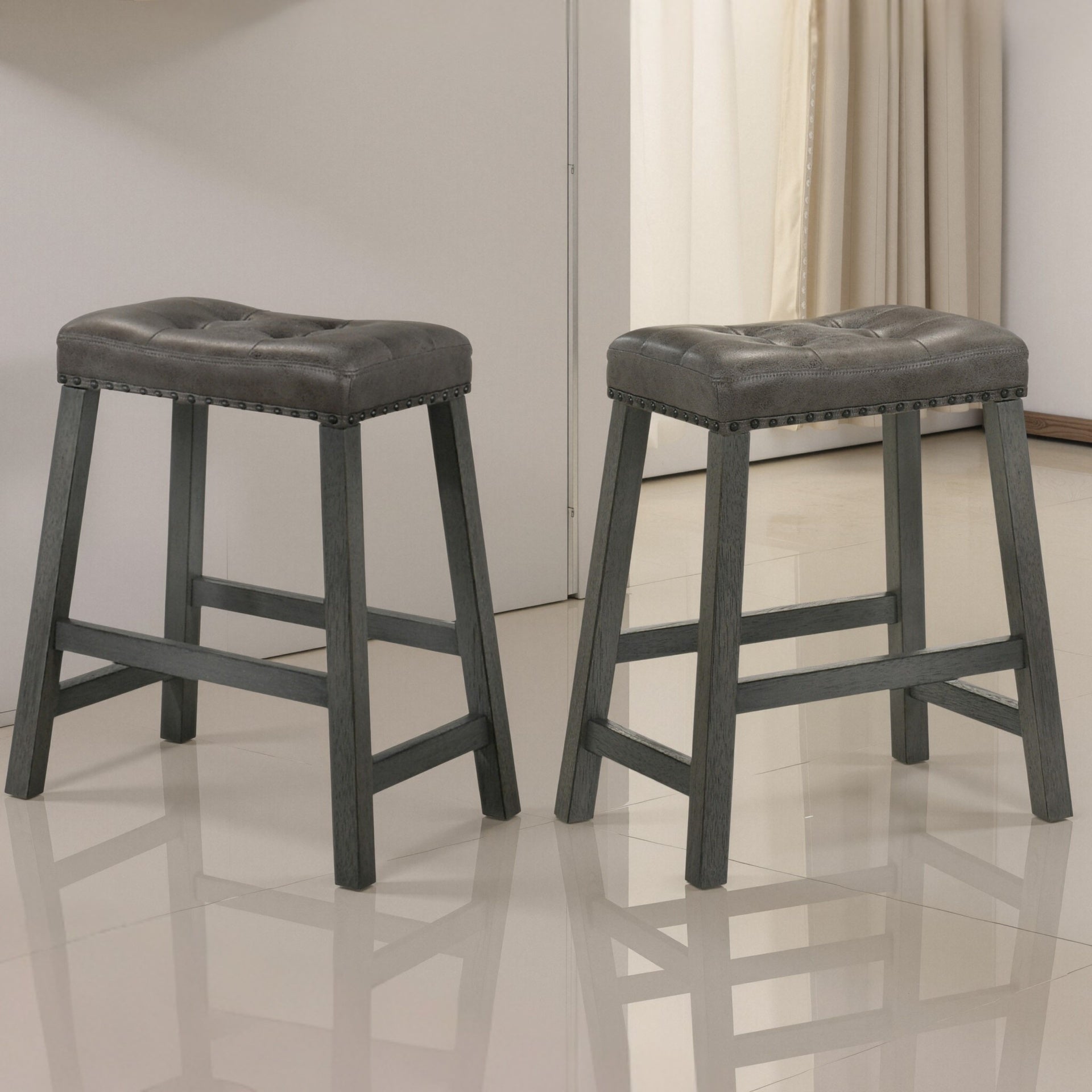 Set of 2 Rustic Counter Stools, 25-Inch Backless Wooden Farmhouse Barstools with Faux Leather Seat, Distressed Finish, Space-Saving Design