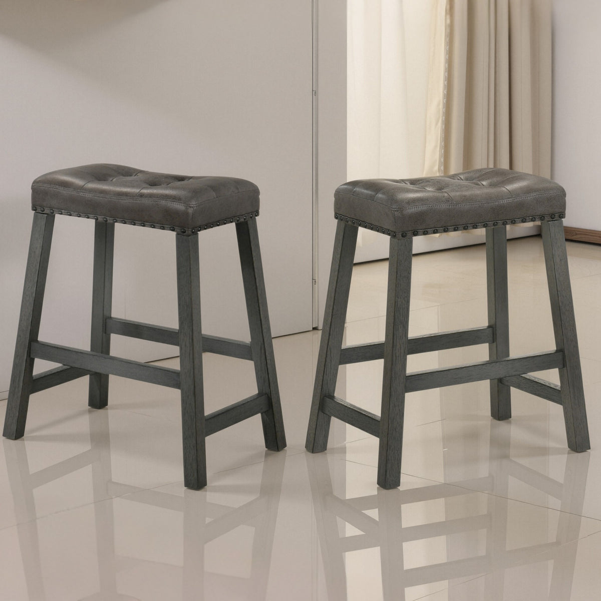 Set of 2 Rustic Counter Stools, 25-Inch Backless Wooden Farmhouse Barstools with Faux Leather Seat, Distressed Finish, Space-Saving Design