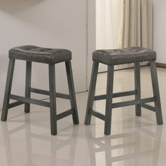 Set of 2 Rustic Counter Stools, 25-Inch Backless Wooden Farmhouse Barstools with Faux Leather Seat, Distressed Finish, Space-Saving Design