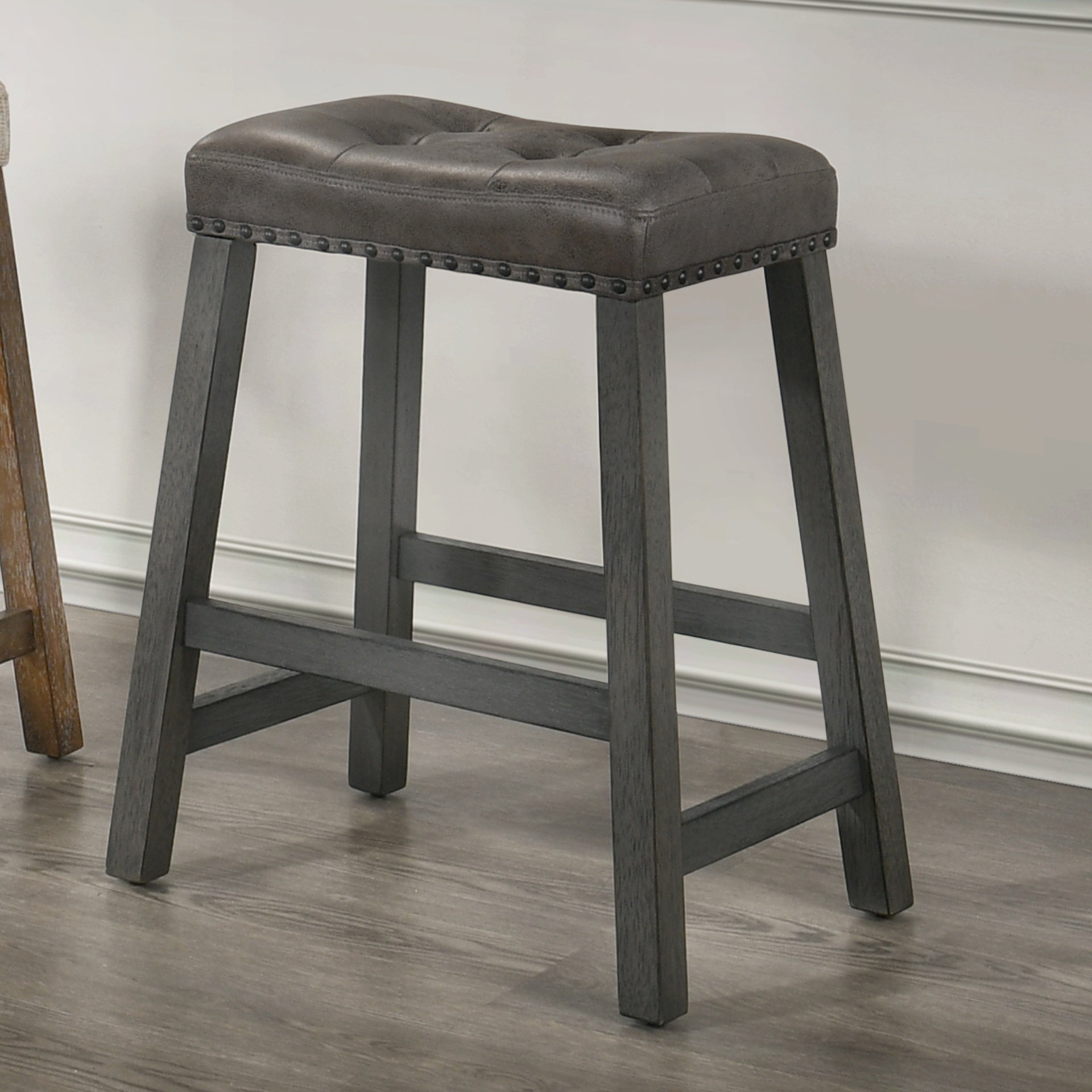 Set of 2 Rustic Counter Stools, 25-Inch Backless Wooden Farmhouse Barstools with Faux Leather Seat, Distressed Finish, Space-Saving Design