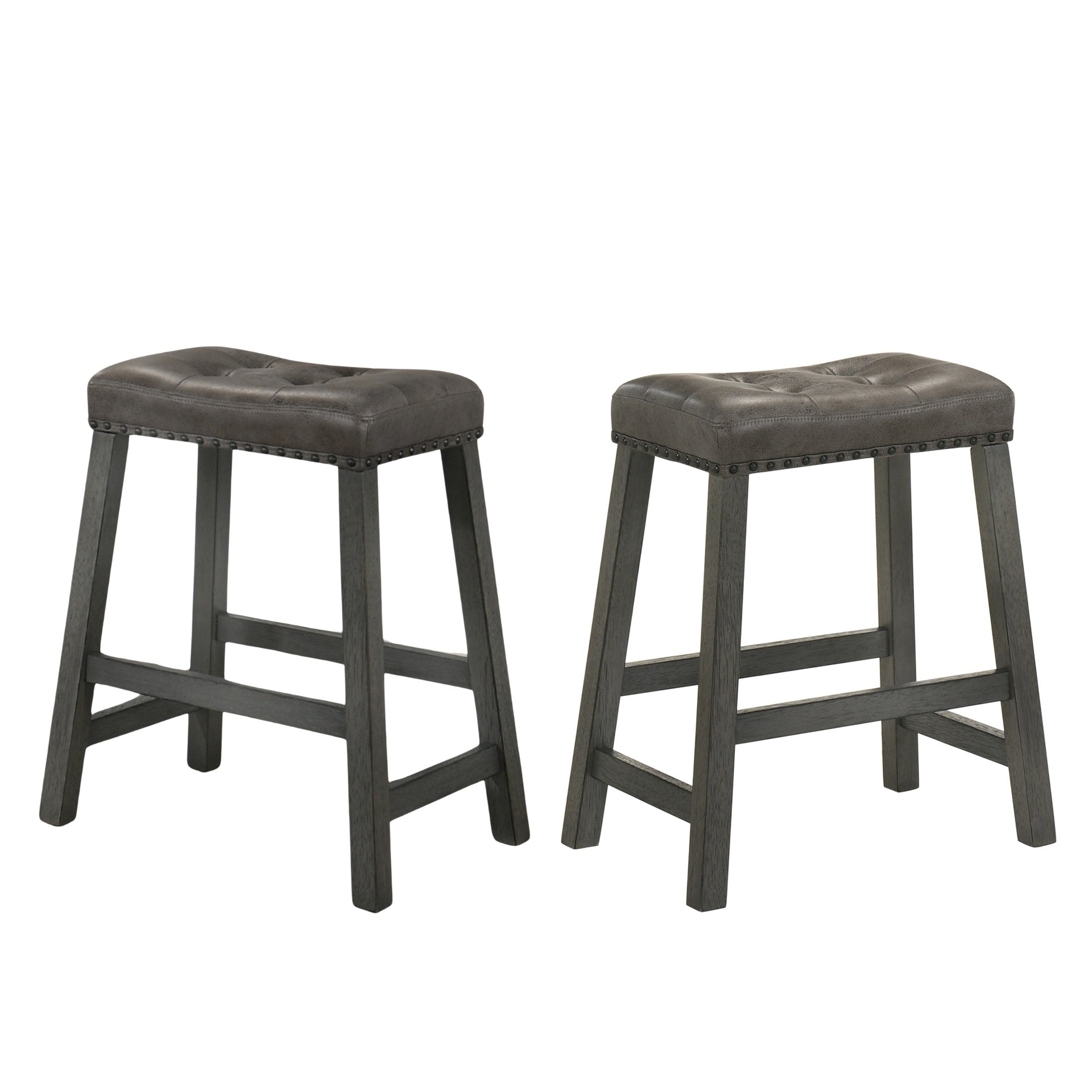 Set of 2 Rustic Counter Stools, 25-Inch Backless Wooden Farmhouse Barstools with Faux Leather Seat, Distressed Finish, Space-Saving Design