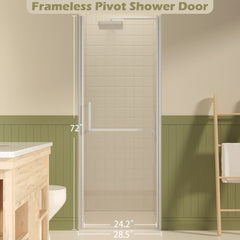 27-28" W ×72" H Frameless Pivot Shower Door, Pivot Swing Shower Glass Doors with 1/4"(6mm) SGCC Clear Tempered Glass,Explosion-Proof Film, Reversible Installation, Brushed Nickel
