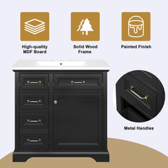 36-Inch Bathroom Vanity with Ceramic Sink Top, 4 Drawers and 1 Soft-Close Door, Freestanding Storage Cabinet with Metal Handles, Pre-Drilled for 8-Inch Faucet, Black Finish