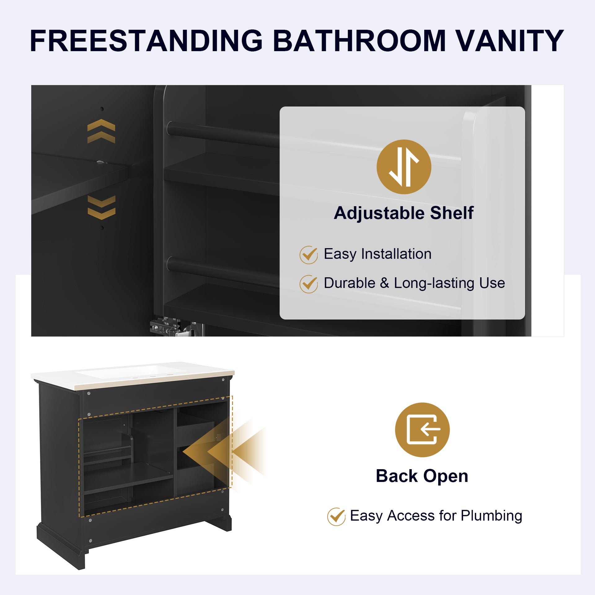 36-Inch Bathroom Vanity with Ceramic Sink Top, 4 Drawers and 1 Soft-Close Door, Freestanding Storage Cabinet with Metal Handles, Pre-Drilled for 8-Inch Faucet, Black Finish