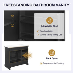 36-Inch Bathroom Vanity with Ceramic Sink Top, 4 Drawers and 1 Soft-Close Door, Freestanding Storage Cabinet with Metal Handles, Pre-Drilled for 8-Inch Faucet, Black Finish