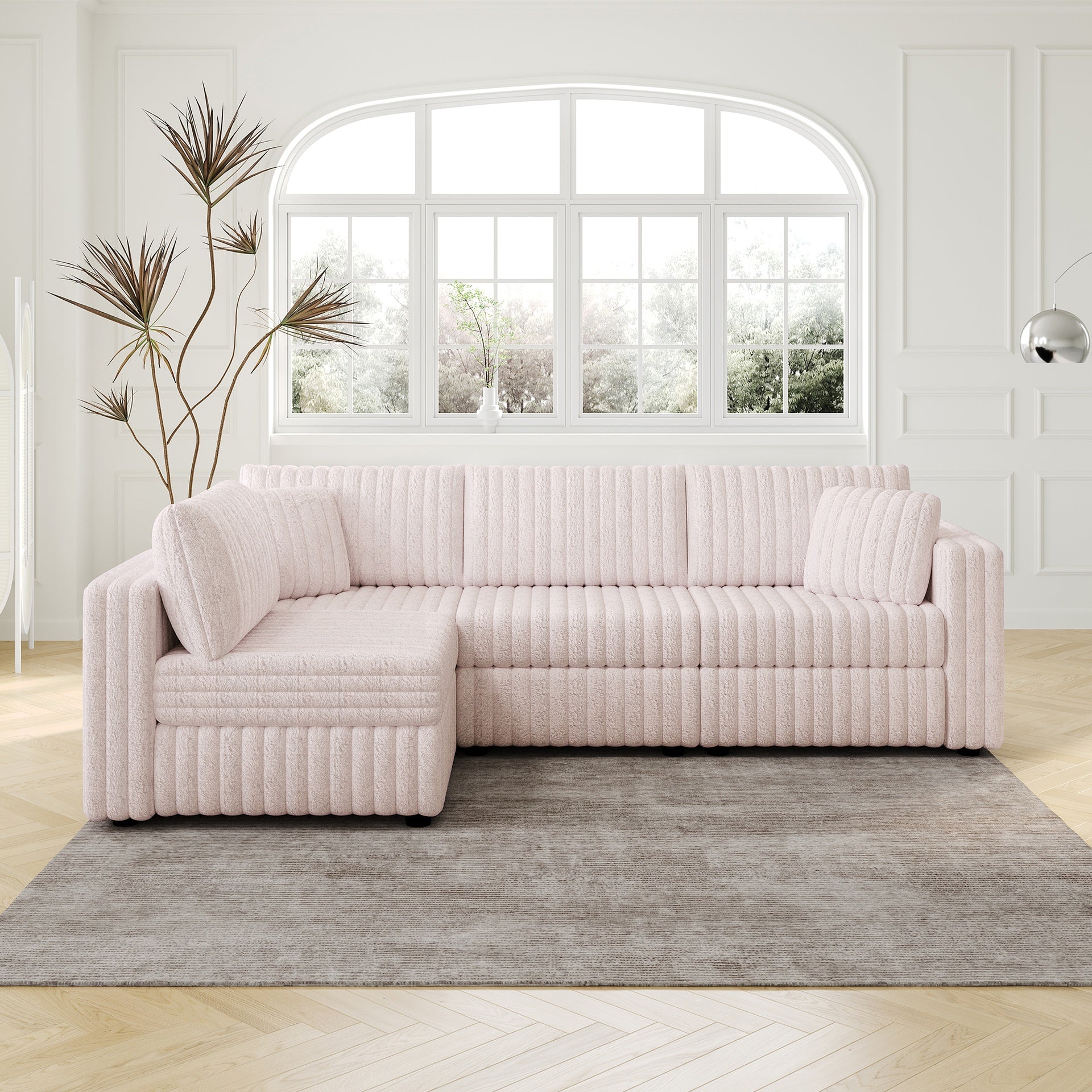 106.3" Soft  L-shaped 4-Person Sofa. Comfortable & Stylish. Matches Bedroom & Living Room.Light Pink.Modern plush furniture. Modular design for versatility. L-shape offers unique style