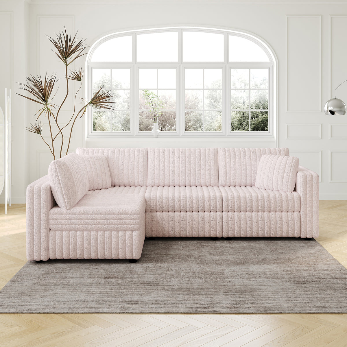 106.3" Soft  L-shaped 4-Person Sofa. Comfortable & Stylish. Matches Bedroom & Living Room.Light Pink.Modern plush furniture. Modular design for versatility. L-shape offers unique style