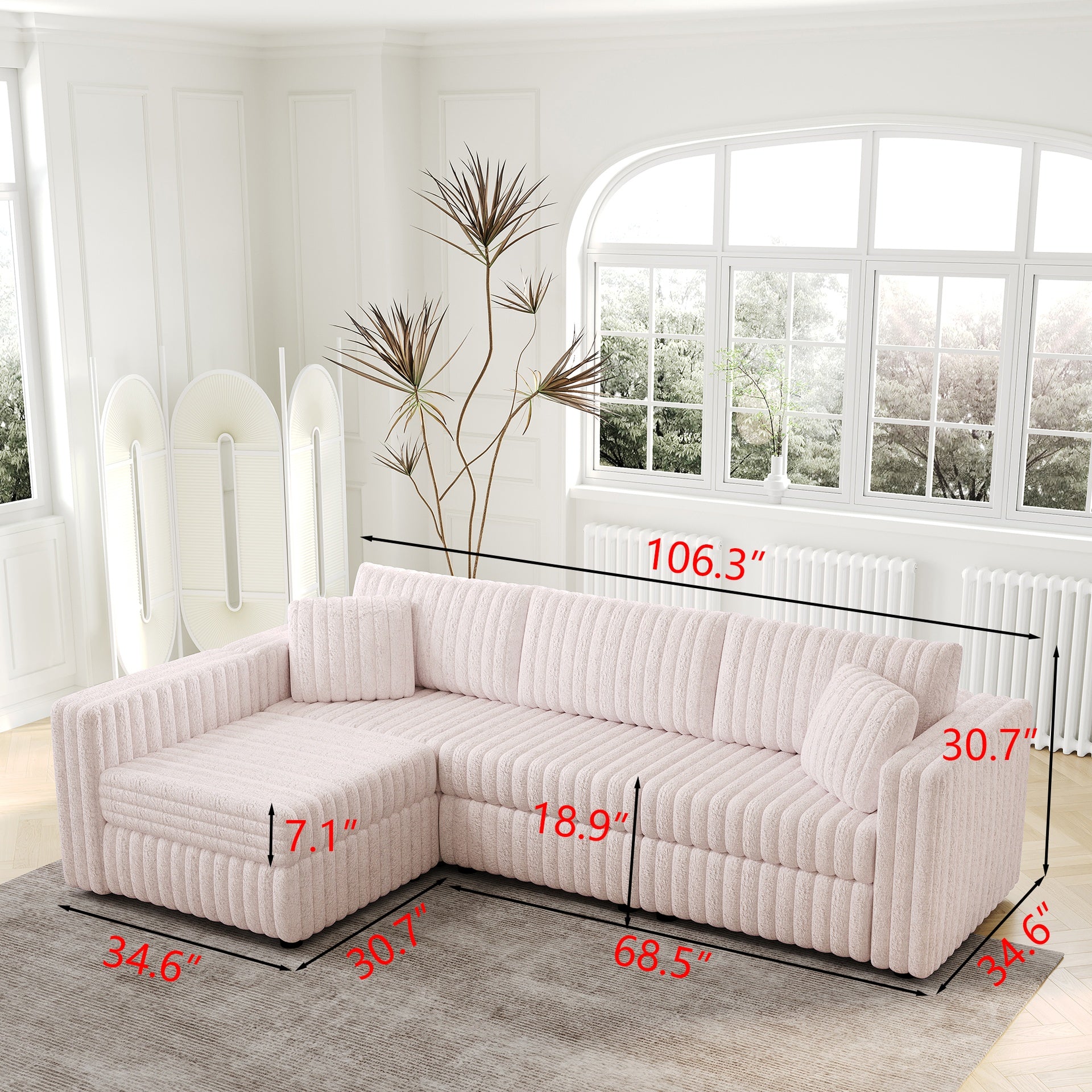 106.3" Soft  L-shaped 4-Person Sofa. Comfortable & Stylish. Matches Bedroom & Living Room.Light Pink.Modern plush furniture. Modular design for versatility. L-shape offers unique style