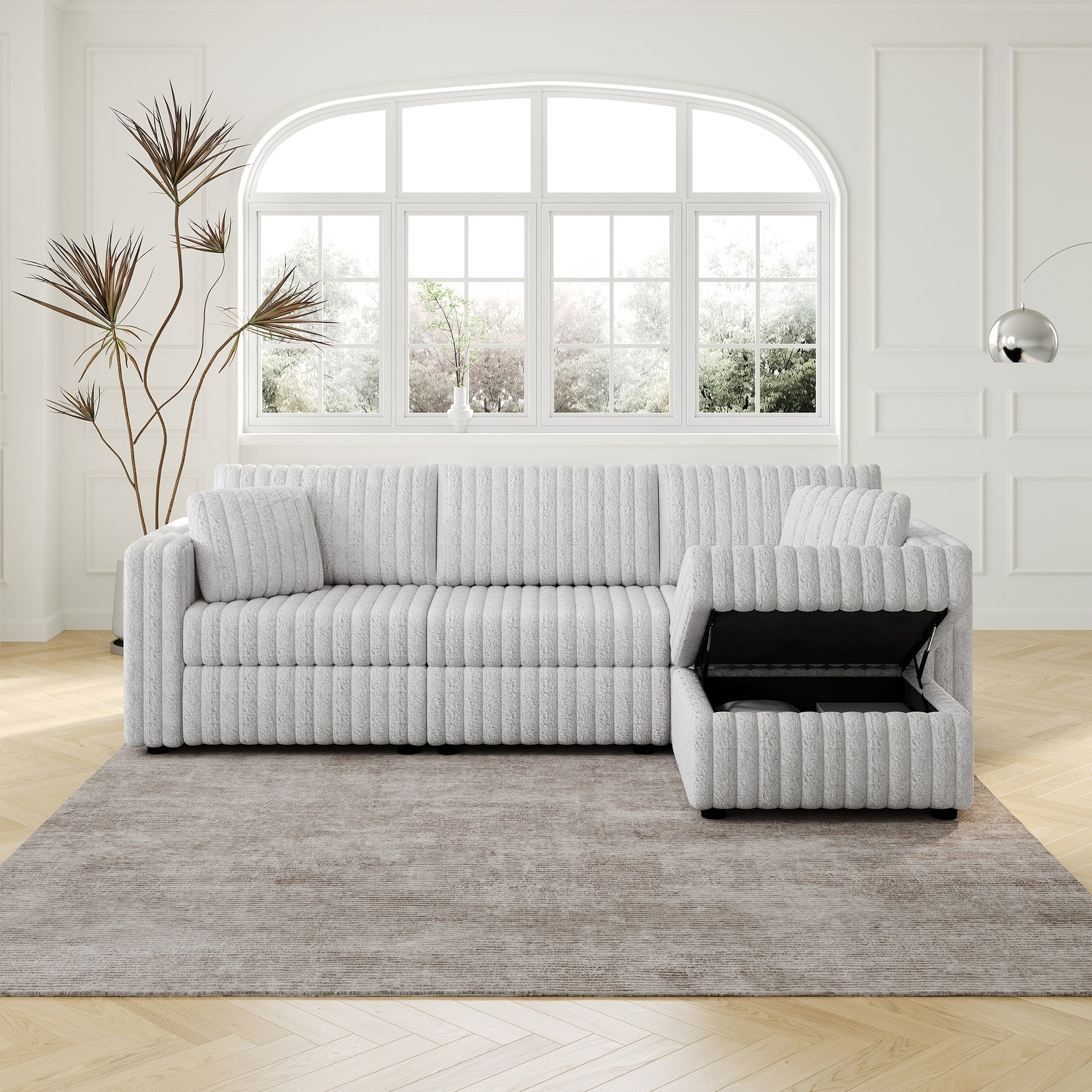 106.3" Soft  3-Person Sofa. Matches 30.7" Ottoman with Hydraulic Lift. Comfortable & Stylish. For Bedroom & Living Room. Light Gray. Modern Furniture. Modular Design.
