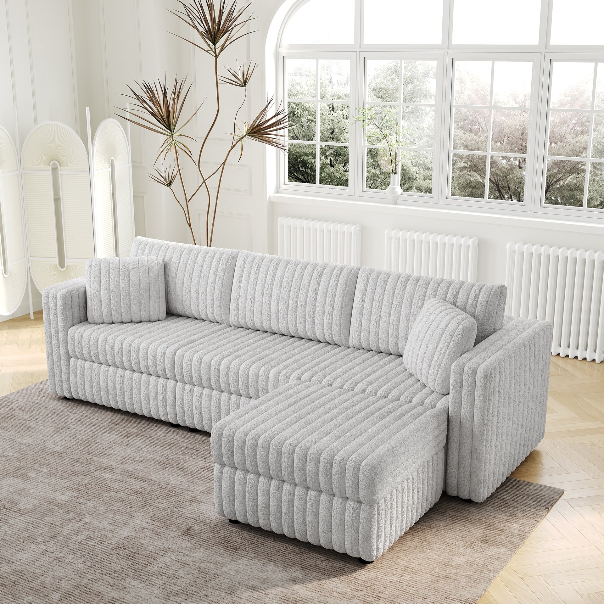 106.3" Soft  3-Person Sofa. Matches 30.7" Ottoman with Hydraulic Lift. Comfortable & Stylish. For Bedroom & Living Room. Light Gray. Modern Furniture. Modular Design.