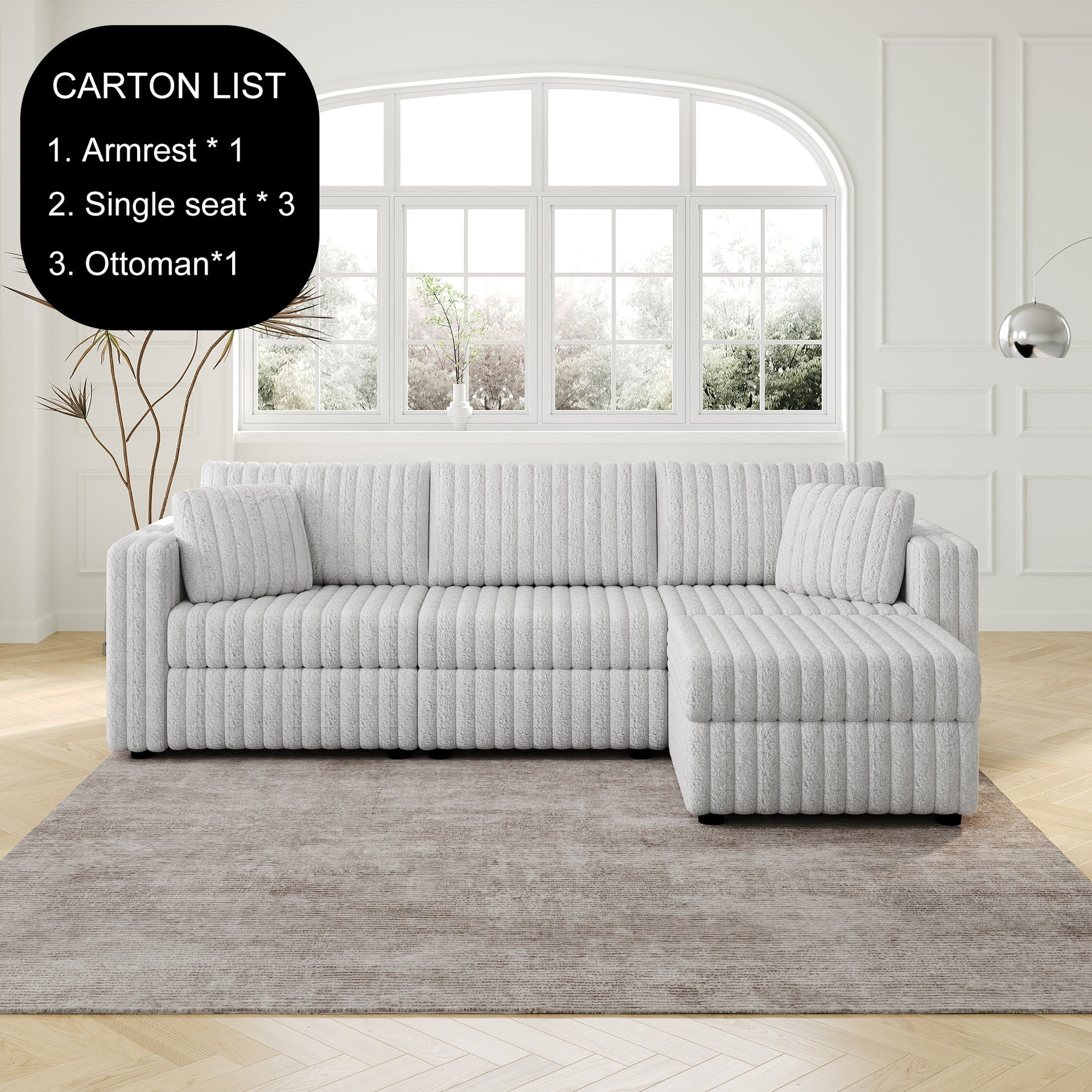 106.3" Soft  3-Person Sofa. Matches 30.7" Ottoman with Hydraulic Lift. Comfortable & Stylish. For Bedroom & Living Room. Light Gray. Modern Furniture. Modular Design.