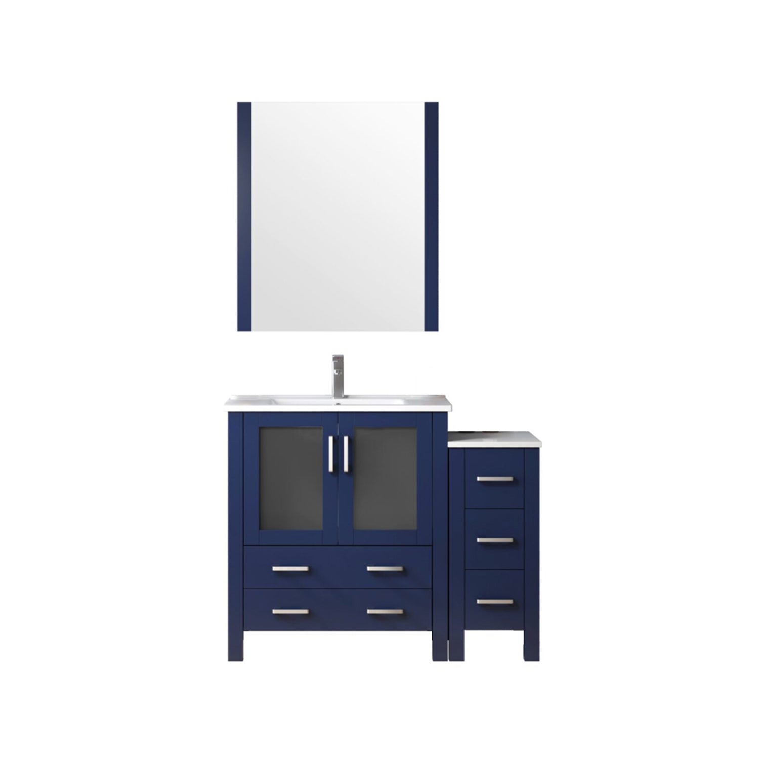 Navy Blue Bath Vanity 42 in. W x 18.25 in. D, with Side Cabinet, Faucet Set, White Ceramic Top, and 28 in. Mirror