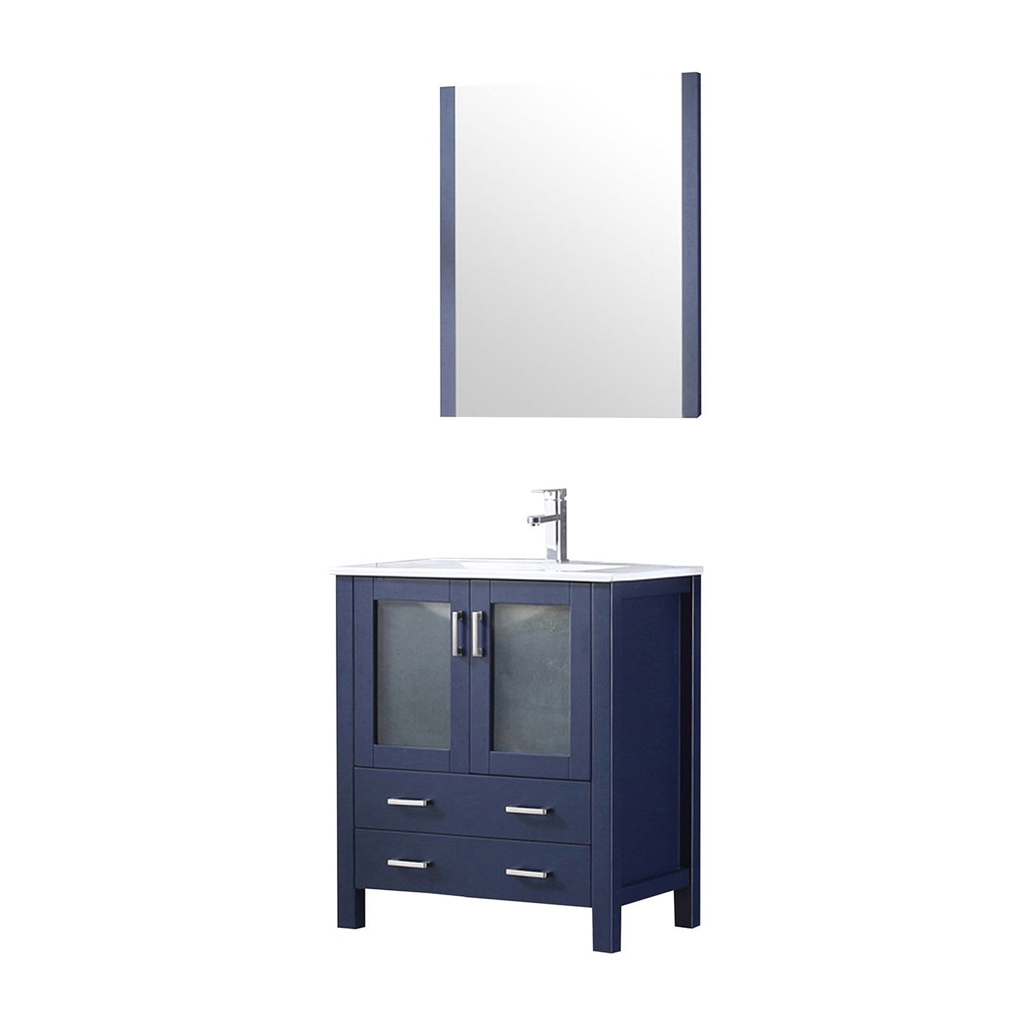 Navy Blue Bath Vanity 30 in. W x 18.25 in. D, White Ceramic Top, Faucet Set, and 28 in. Mirror