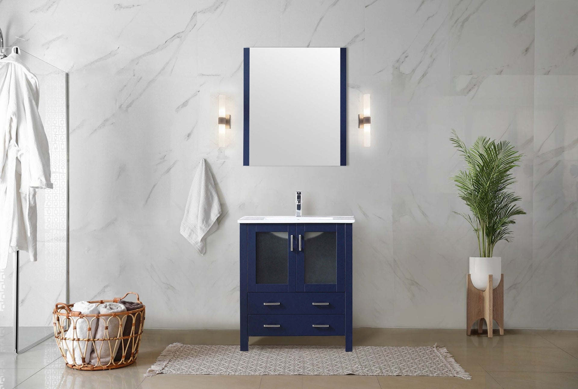 Navy Blue Bath Vanity 30 in. W x 18.25 in. D, White Ceramic Top, Faucet Set, and 28 in. Mirror