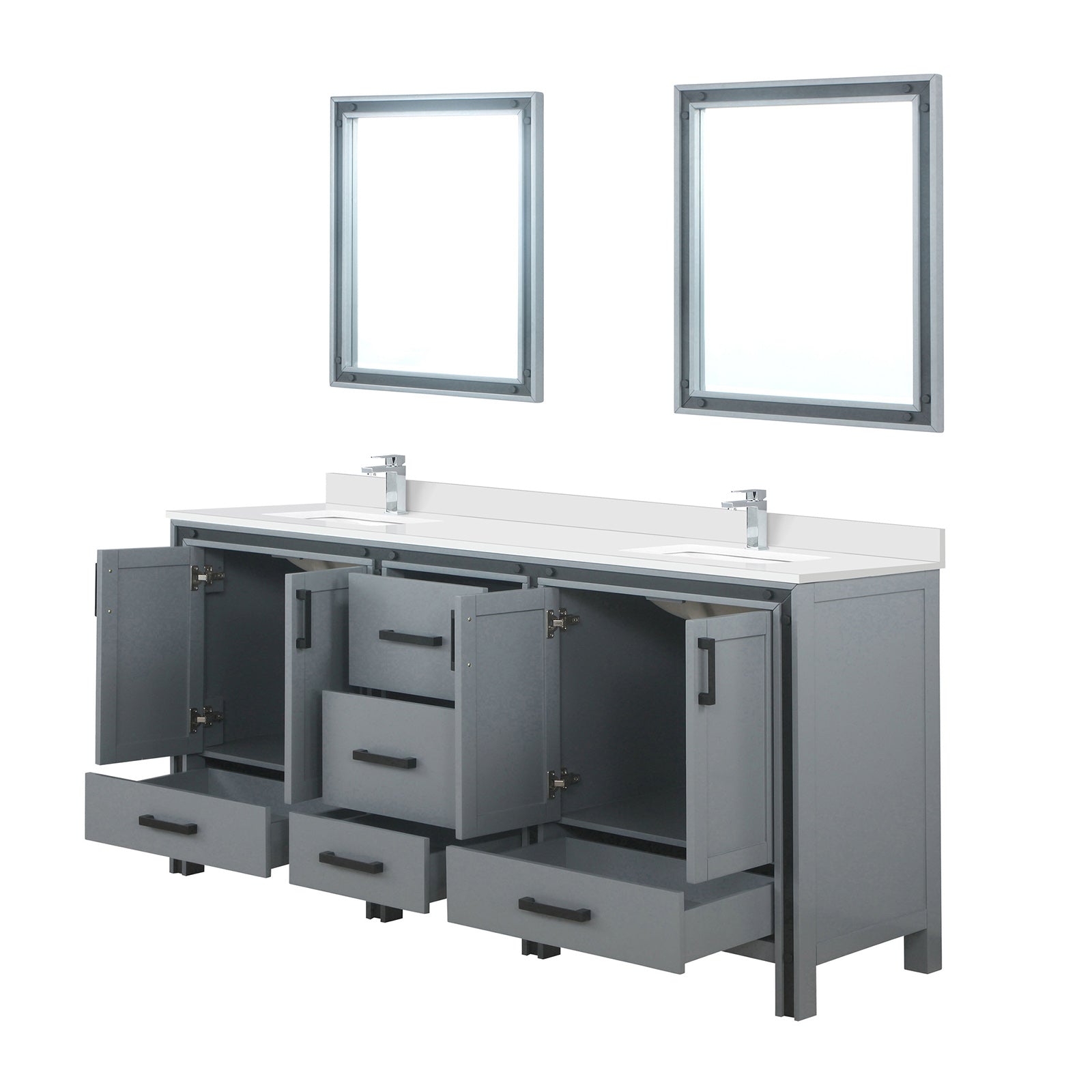 Dark Grey Double Bath Vanity 72 in. W x 22 in. D, White Quartz Top, Faucet Set and 30 in. Mirrors