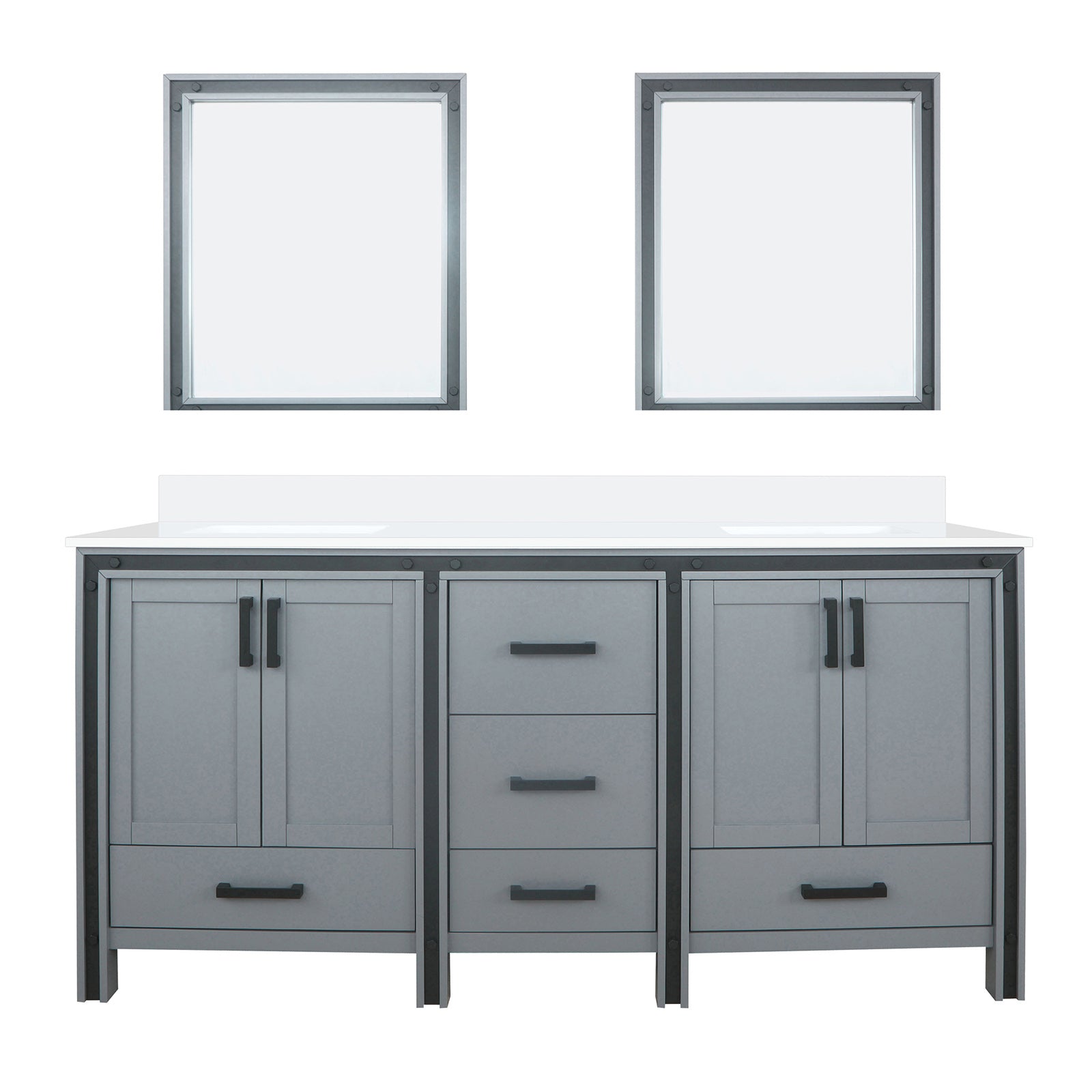 Dark Grey Double Bath Vanity 72 in. W x 22 in. D, White Quartz Top and 30 in. Mirrors