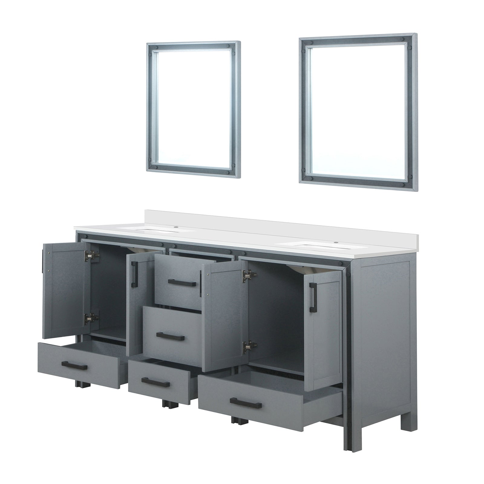 Dark Grey Double Bath Vanity 72 in. W x 22 in. D, White Quartz Top and 30 in. Mirrors