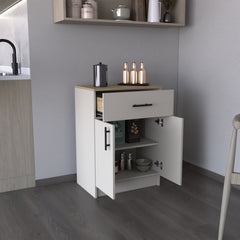 Pantry Organizer Cabinet 33" H, One Drawer, Two Interior Shelves, Two Doors, Ivory / Natural Oak