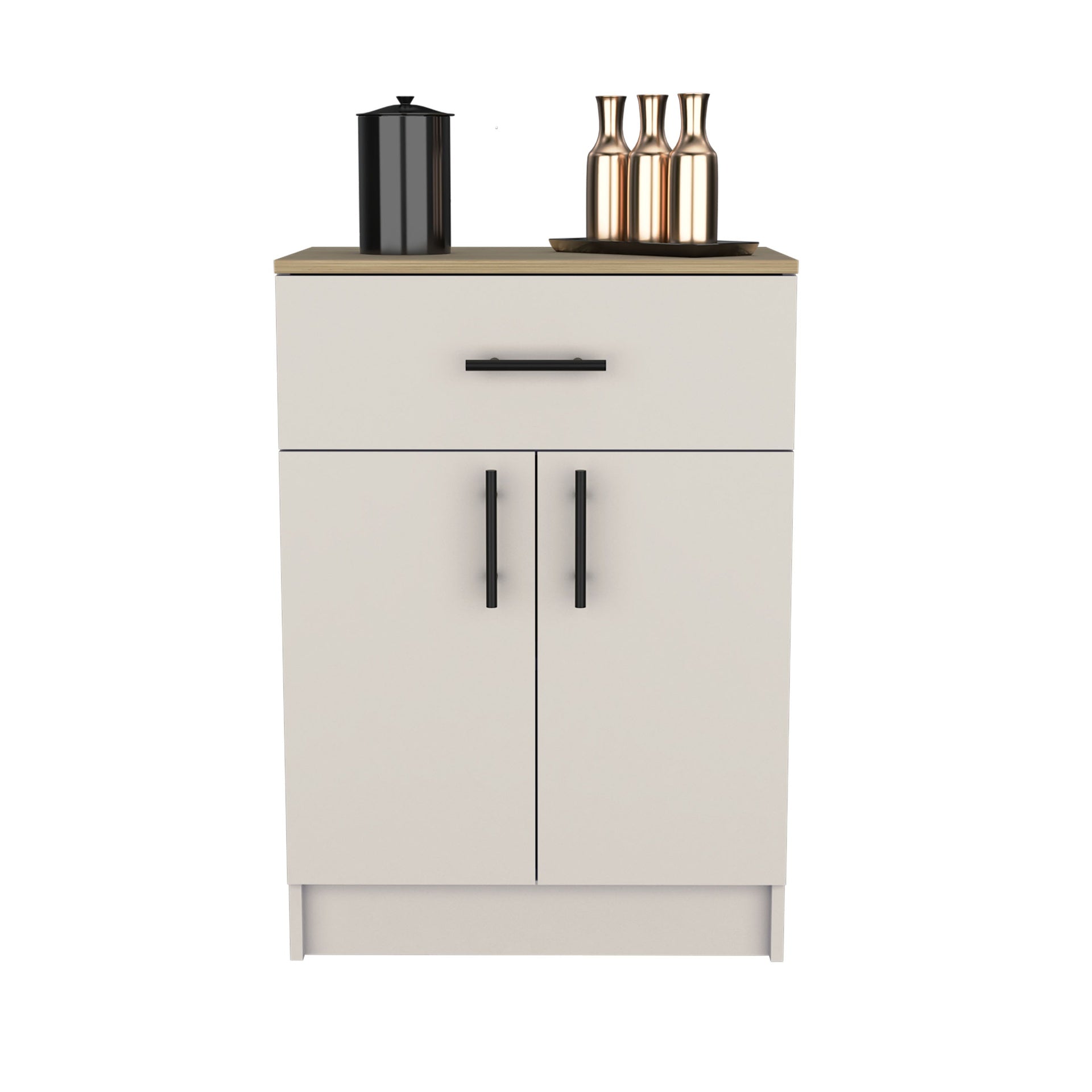 Pantry Organizer Cabinet 33" H, One Drawer, Two Interior Shelves, Two Doors, Ivory / Natural Oak