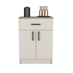 Pantry Organizer Cabinet 33" H, One Drawer, Two Interior Shelves, Two Doors, Ivory / Natural Oak