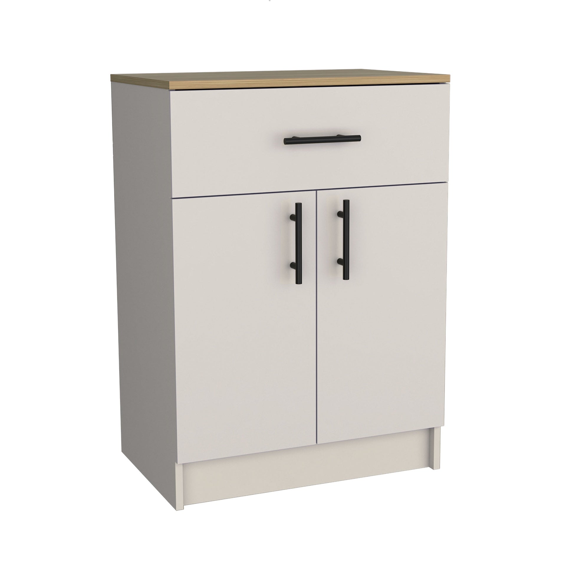 Pantry Organizer Cabinet 33" H, One Drawer, Two Interior Shelves, Two Doors, Ivory / Natural Oak