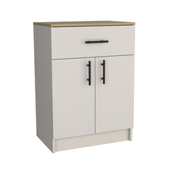 Pantry Organizer Cabinet 33" H, One Drawer, Two Interior Shelves, Two Doors, Ivory / Natural Oak