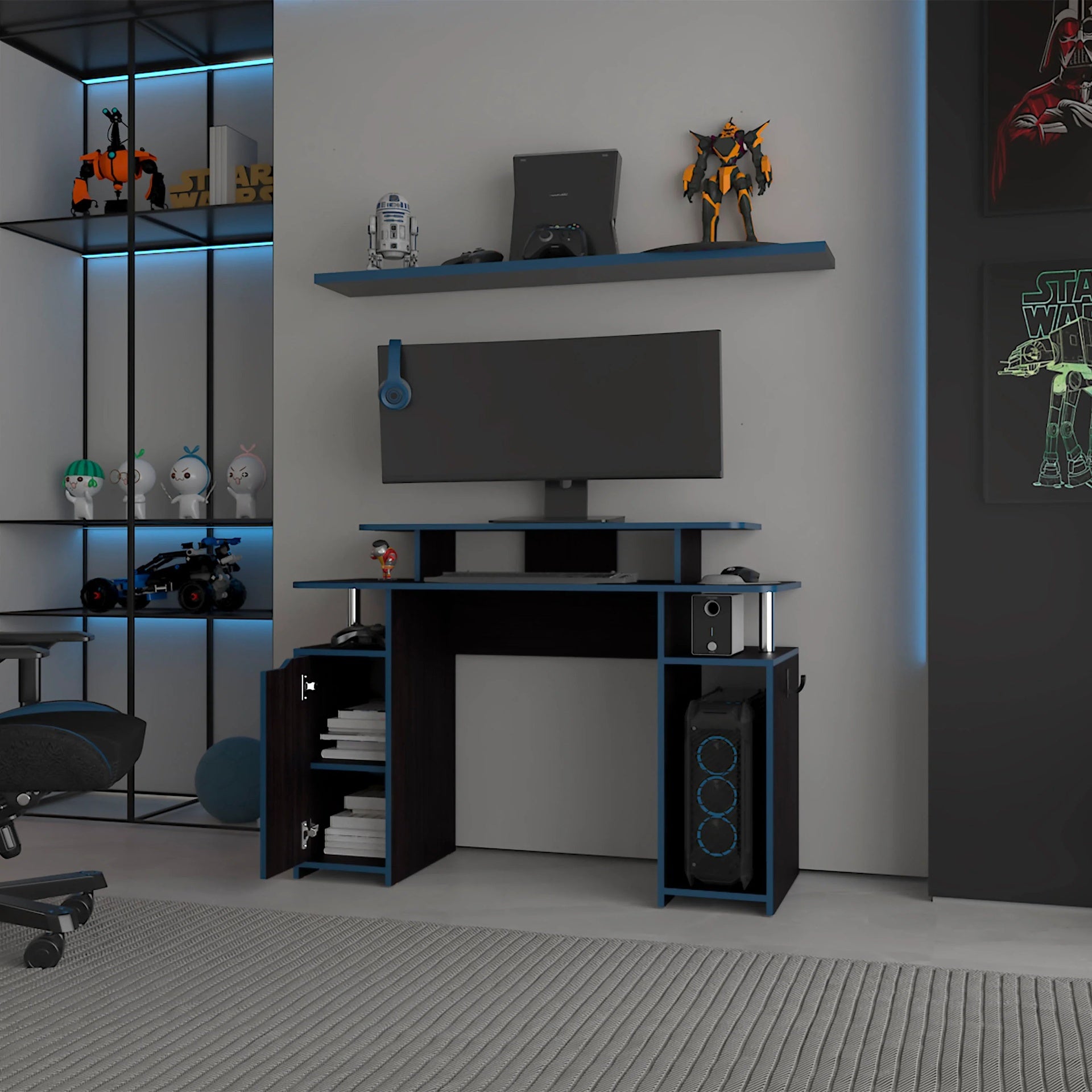 Blue Accents Minimalist Gaming Desk with Elevated Monitor Shelf