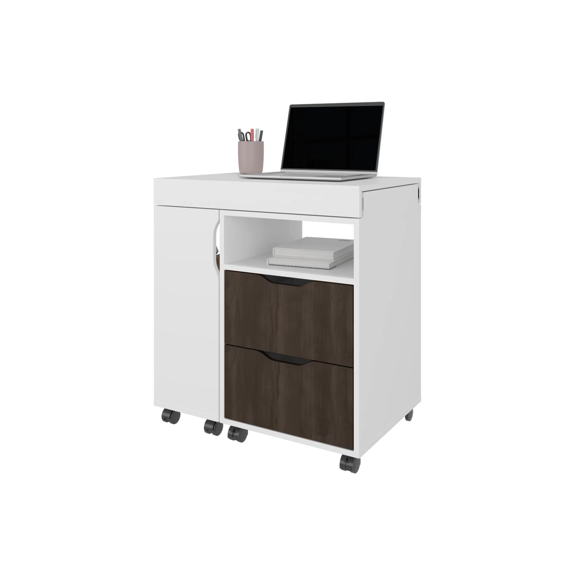 White and Stained Walnut 2-Drawer Extendable Desk with Sliding Mechanism