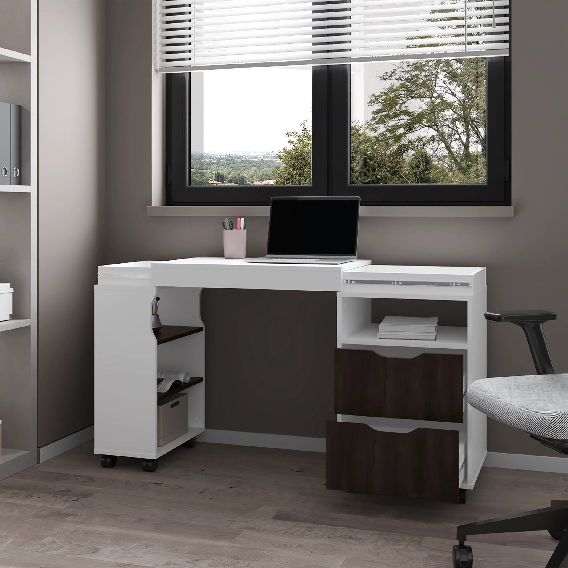 White and Stained Walnut 2-Drawer Extendable Desk with Sliding Mechanism