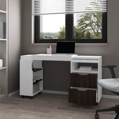 White and Stained Walnut 2-Drawer Extendable Desk with Sliding Mechanism