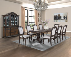 Formal 9pc Rectangular Dining Table 18" Extendable Leaf Side Chair Arm Chair Rich Dark Coffee Brown Finish Intricately Carved Double Pedestal Base Solid Wood Dining Set