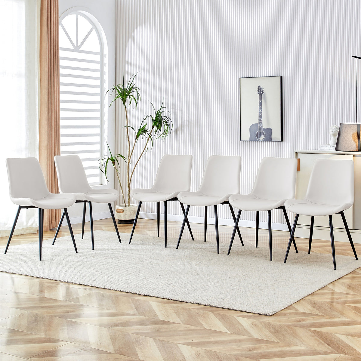 White artificial leather backrest cushion dining chair, black metal legs, curved widened cushion design for more comfort, suitable for restaurants, kitchens, bedrooms, offices.(6 chairs) 0502