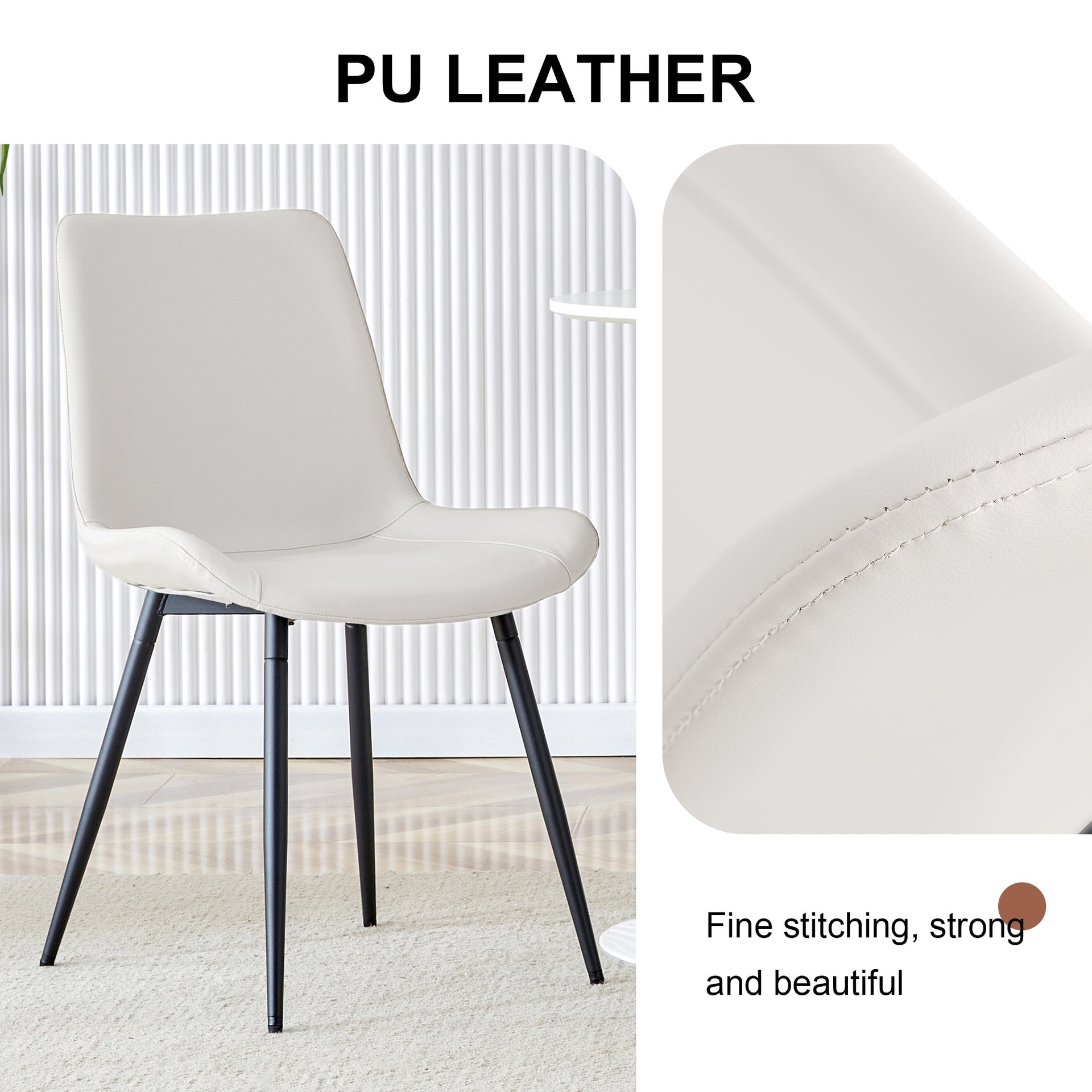 White artificial leather backrest cushion dining chair, black metal legs, curved widened cushion design for more comfort, suitable for restaurants, kitchens, bedrooms, offices.(6 chairs) 0502