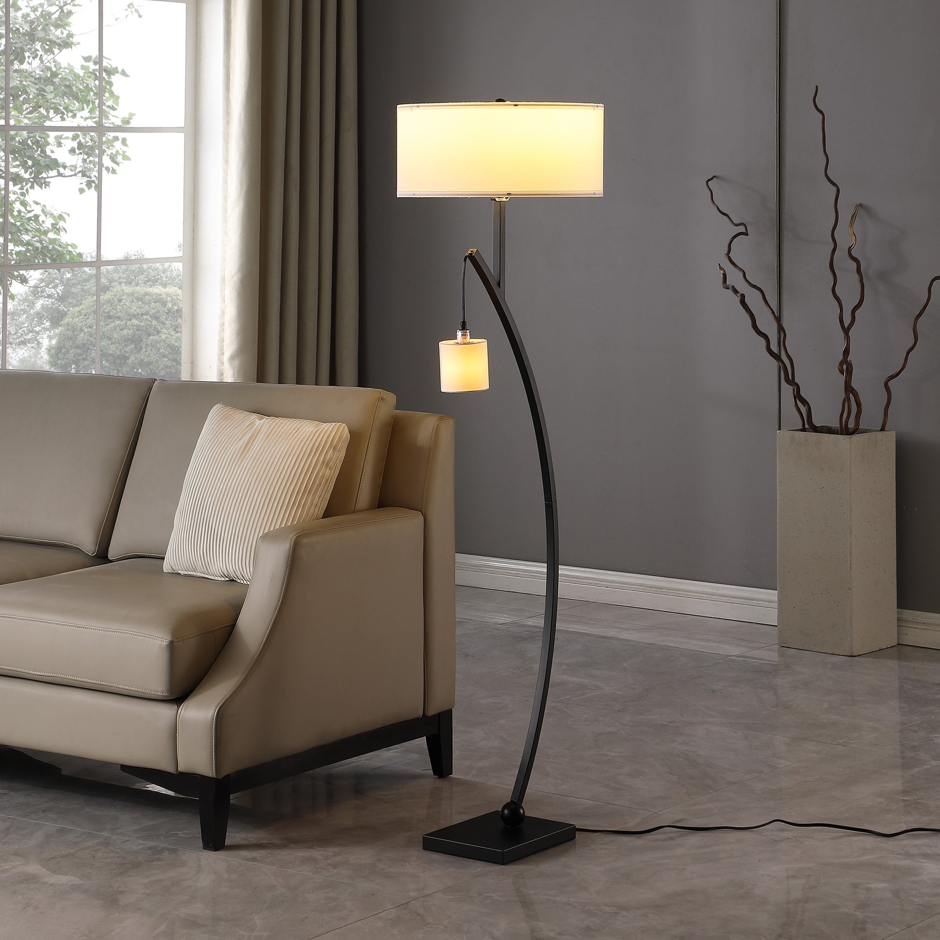 59" In Contemporary Dual Black Arc W/ Hanging Pendelum Lamp Metal Floor Lamp