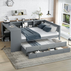 Full Size Daybed with Trundle, Wood Day Bed Frame with Storage Drawers and Side Shelves, Daybed with Desk, No Spring Box Needed, Gray